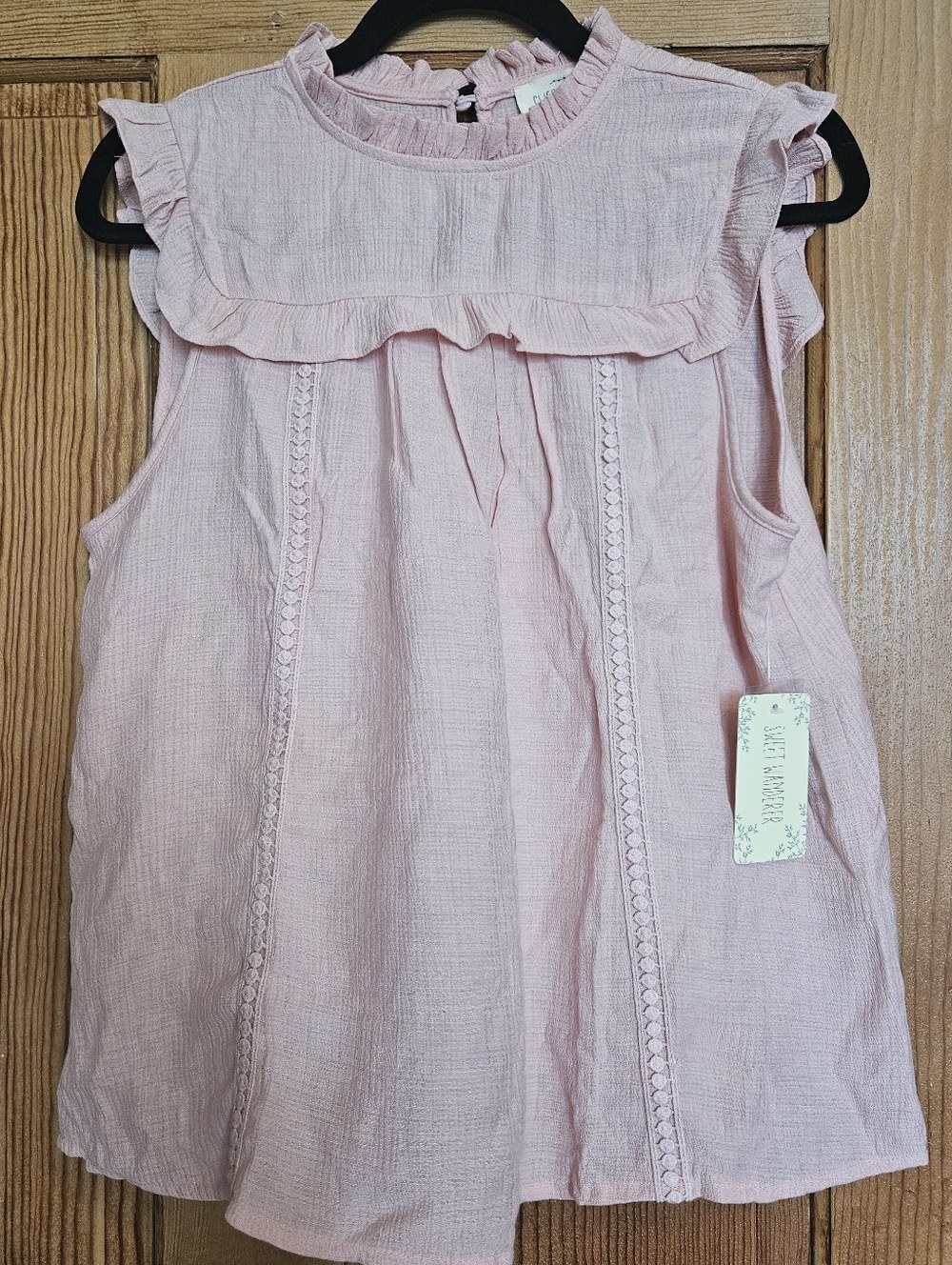 NWT Sweet Wanderer Blush Pink Sleeveless Ruffled Neckline Top